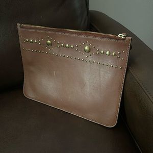 FRYE NEW WITH TAGS brass studded zip clutch.  Saddle leather.  never used.